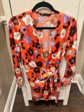 Zara Orange Floral Wrap Dress with Purple, White & Brown Flowers